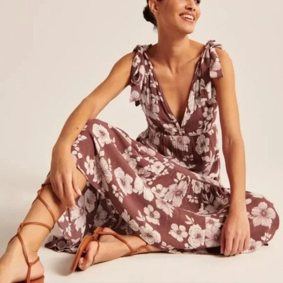 Mauve Red Brown White Floral Midi Tie Strap Abercrombie Dress - Picture 3 of 6